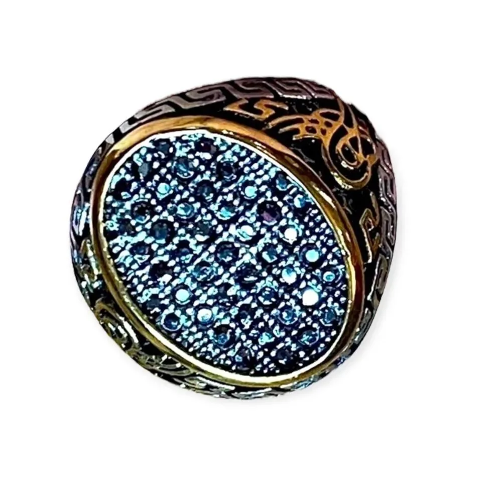 14K Gold Black Austrian Crystals Stainless Steel Signal Ring Size 9